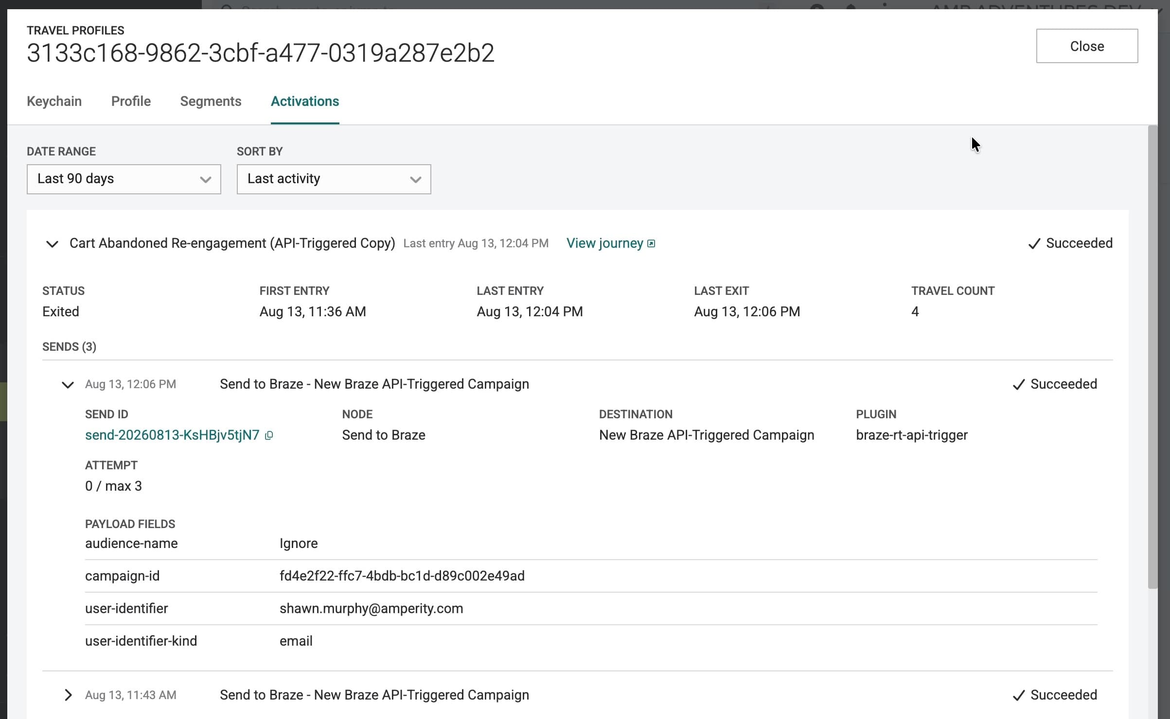 Customer journey activity showing entry, exit, travel count, and activation delivery details.