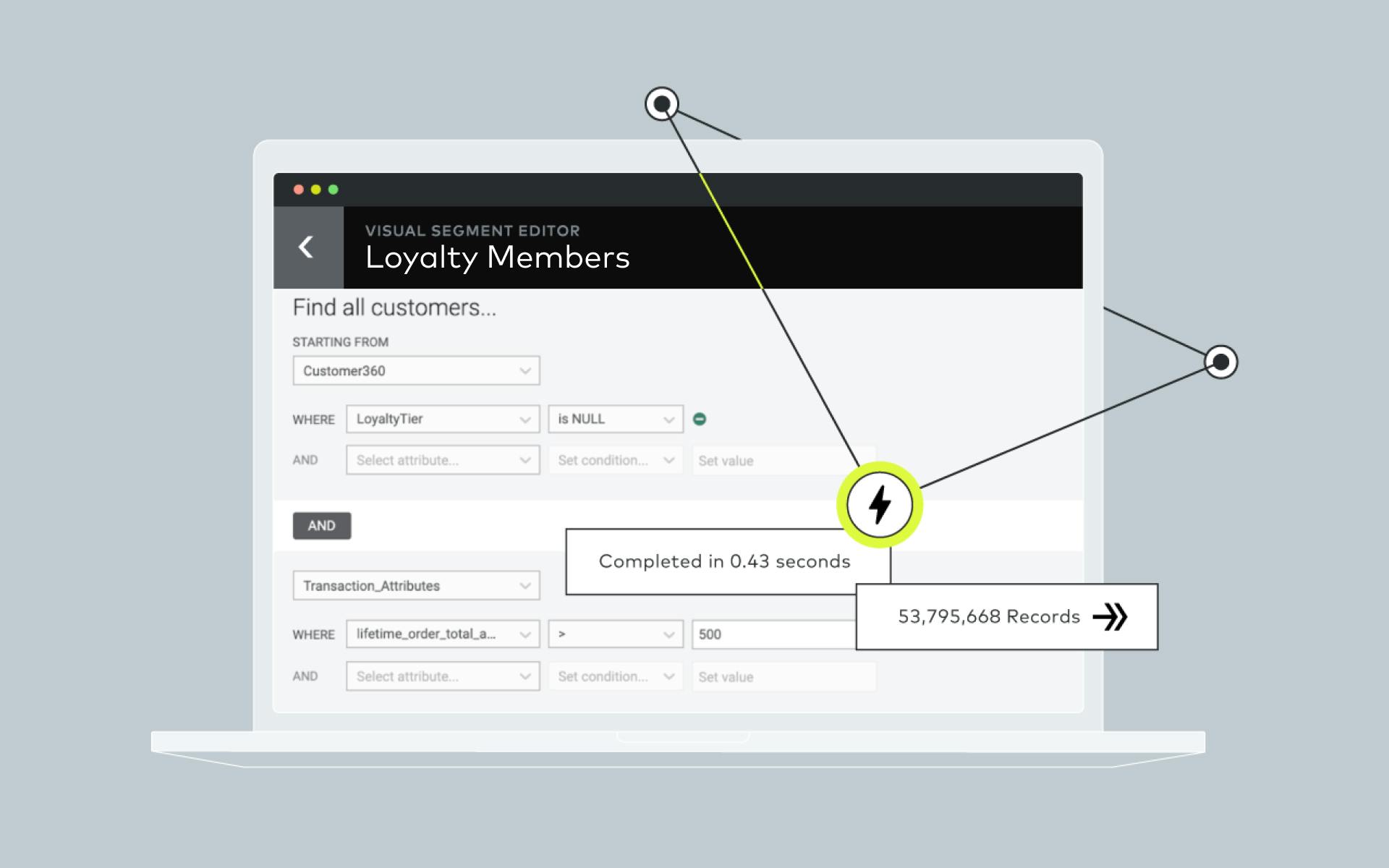 Screenshot on a laptop showing Visual Segment Editor finding Loyalty Members