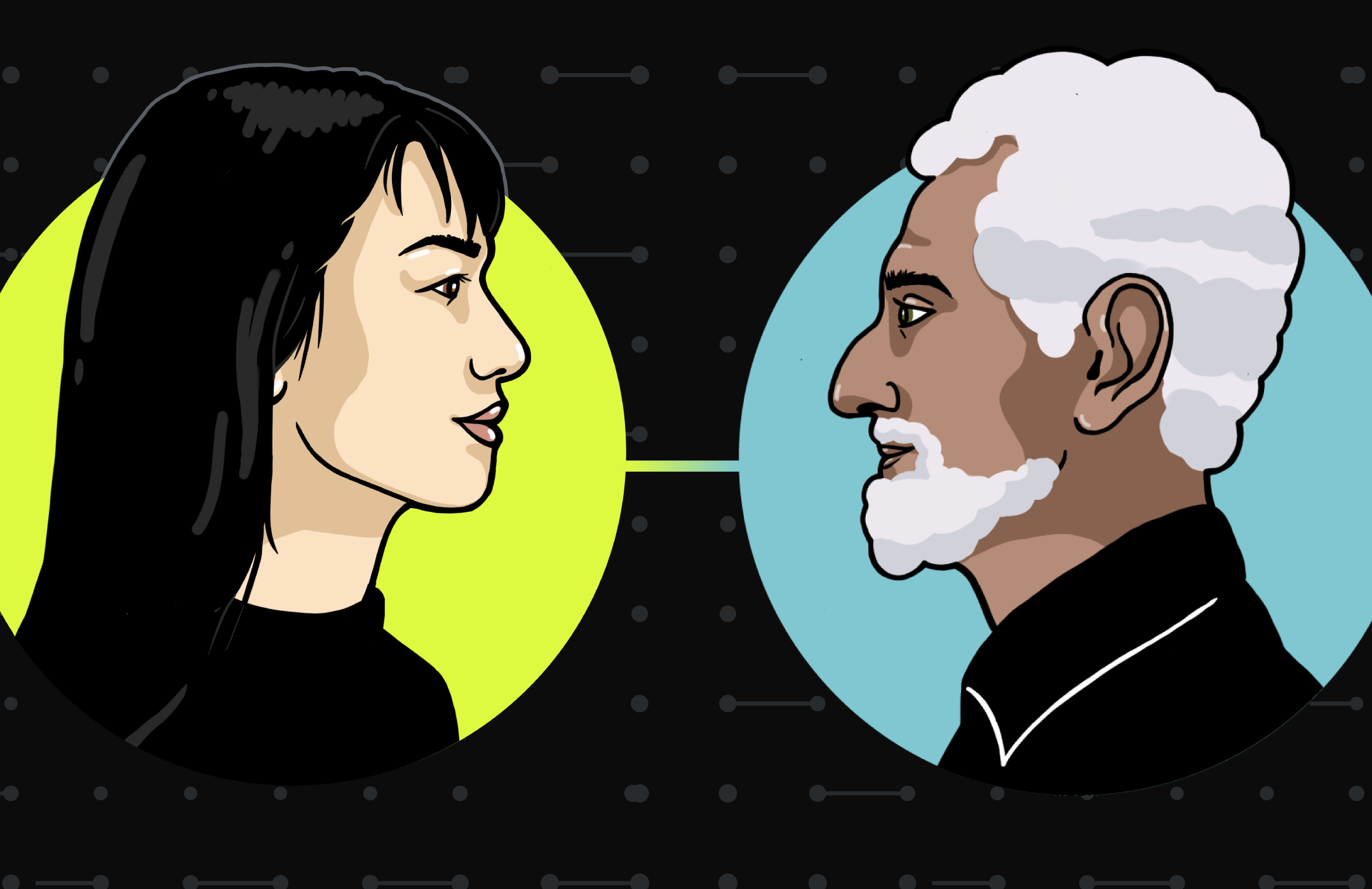Graphic of woman with dark hair facing man with gray hair