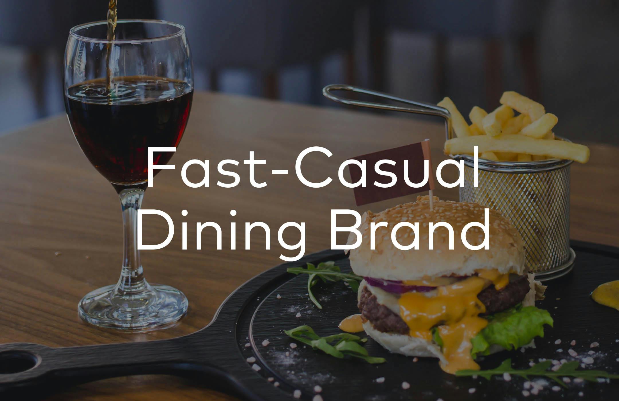 Image of burger, fries, and glass of wine with words: Fast-Casual Dining Brand. 