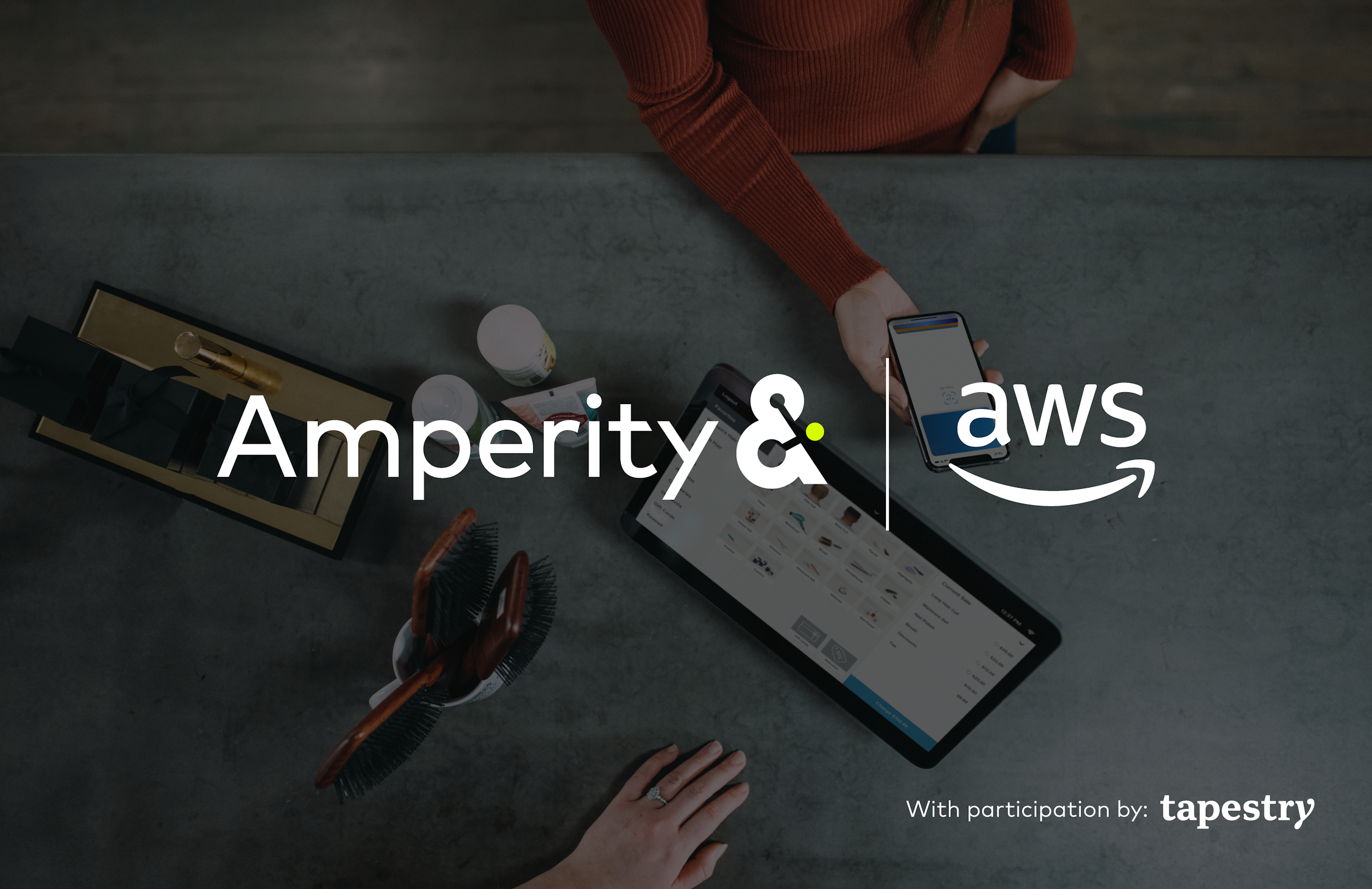 Hero image of the Amperity, AWS and Tapestry logo